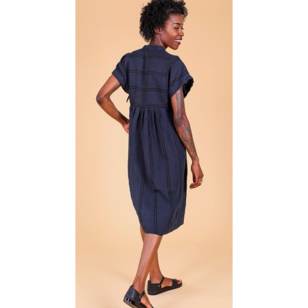 Steven Alan Womens 99% Linen Cotton Navy Black Stripe Dress USA Made Boho Medium - Picture 6 of 16